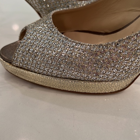 JIMMY CHOO SILVER SEQUIN EVENING PLATFORM SLINGBACK OPEN TOE HEELS SIZE 40 (9) - Picture 4 of 12